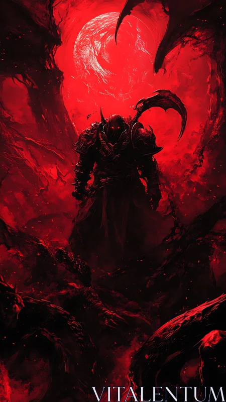 Blood-red warlord strides beneath a monstrous eclipsed moon.