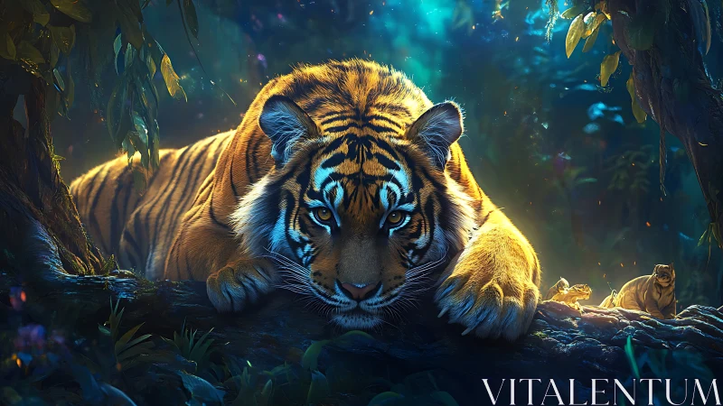 Predatory tiger under luminescent jungle canopy at dusk.