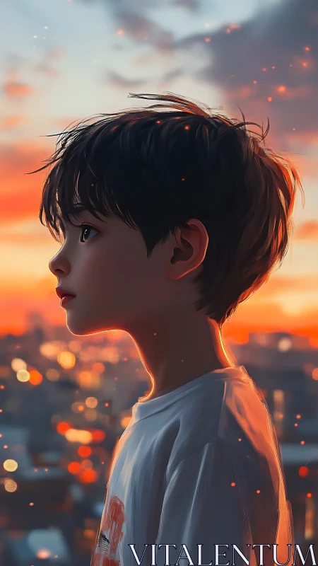 Side-lit child profile against bokeh city sunset skyline