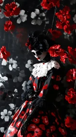 Crimson-masked mannequin blooms in baroque floral shadows.