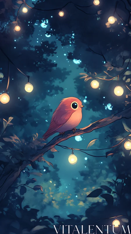 Lantern-lit songbird perched amid bokeh-rich nocturnal canopy