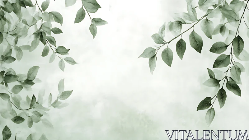Green leafy branches framing soft pale background.
