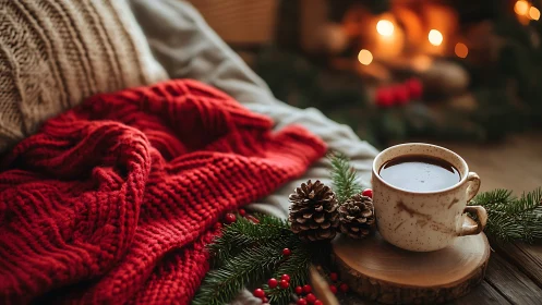 Cozy holiday mug and red knit blanket in warm candlelight.