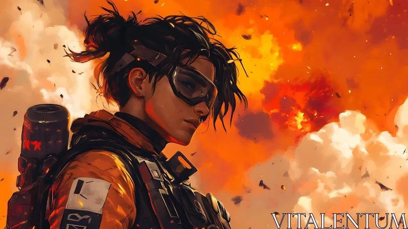 Fearless sci fi pilot watches blazing sky ignite behind