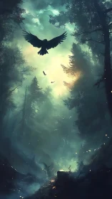 Raven rides the forest sunrise like a dark, gliding spell