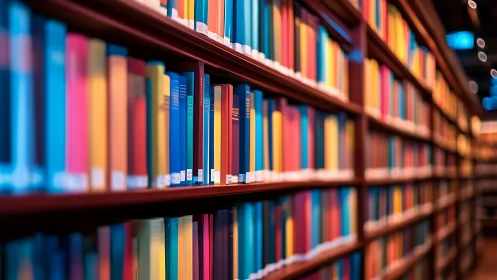 Library shelves show colorful hardcovers with shallow depth of field