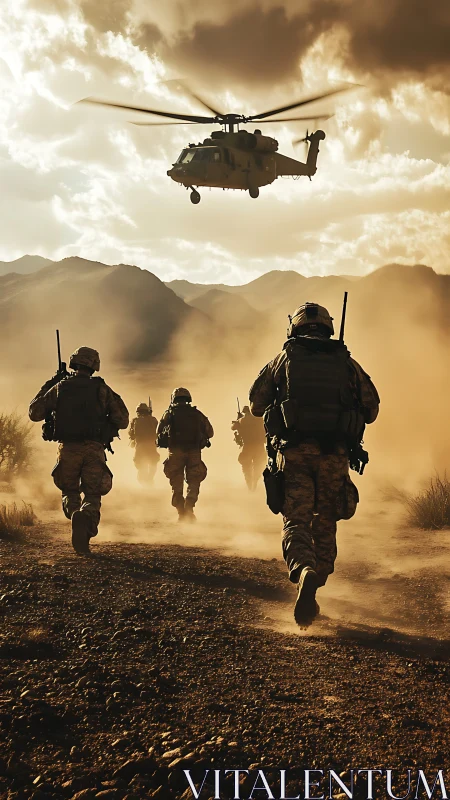 Dusty combat patrol under low tactical helicopter support.