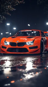Orange race car cuts through wet night street under rainfall
