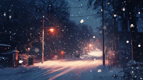 Snowfall on suburban street under sodium-vapor lamps at night