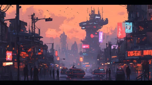 Cyberpunk city street under neon dusk sky at rush hour.