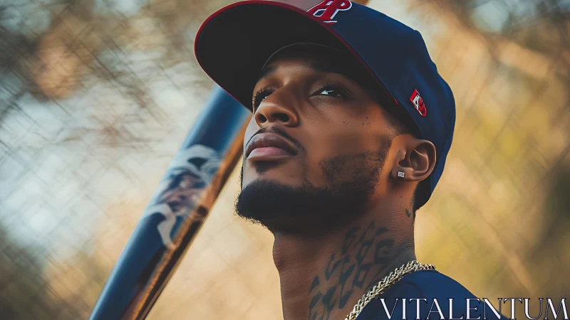Focused baseball player gazes upward under warm evening light