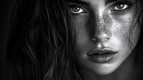 Monochrome close-up portrait isolates detailed facial texture
