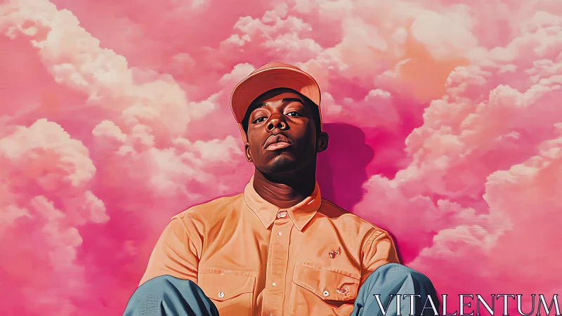 Portrait of man in pastel clothing against pink cloud sky