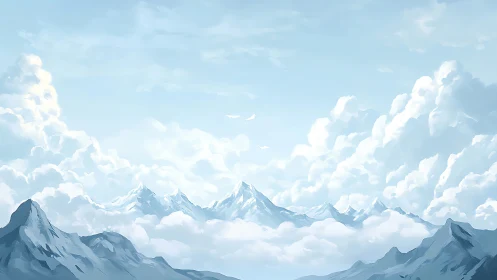 Bright cloudscape above distant snowy mountain range.