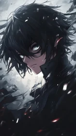 Brooding anime hero with stormy eyes and windswept darkness.