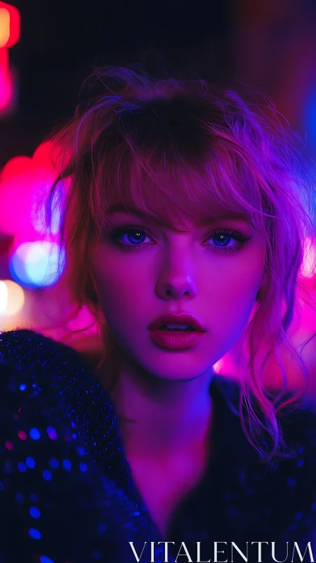 Neon lit portrait of young woman in vivid city nightscape.