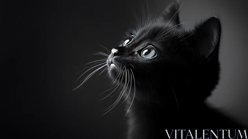 Black cat with pale eyes gazing upward in monochromatic studio composition.