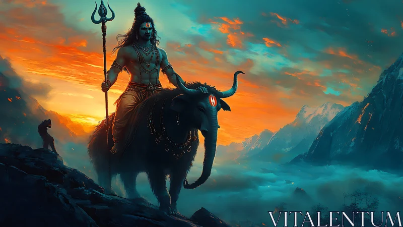 Mystic rider greets a glowing dawn above quiet mountains