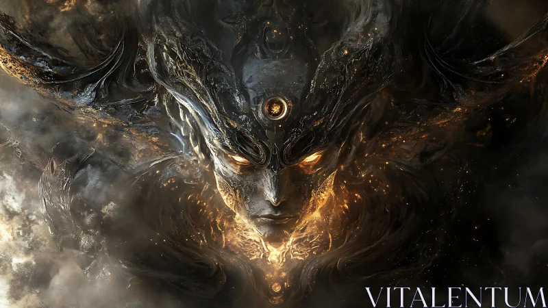 Mystic fireborn guardian emerging from swirling cosmic dusk.