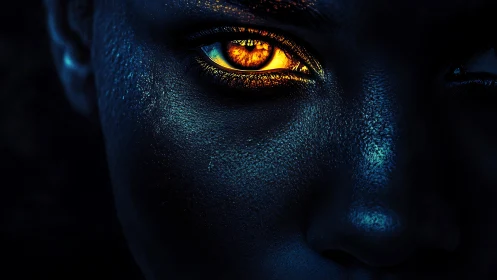 Close-up view of dark face with luminous golden eye detail.