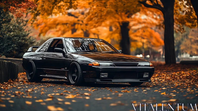 Black coupe on leaf-covered road under autumn foliage.