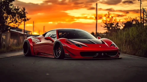Low-slung red supercar under cinematic sunset sky glow.