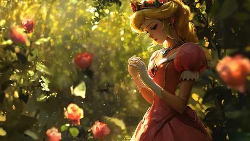 Female figure in pink dress stands in sunlit garden