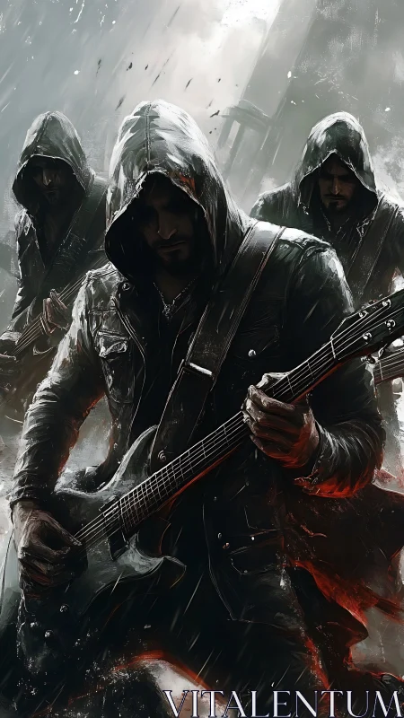 Hooded guitarist leads stormlit rock trio in driving rain