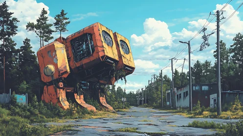 Rusting orange mech slumbers beside an overgrown rural road