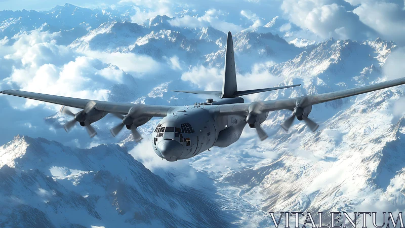 Military cargo aircraft flying above snowy mountain range.