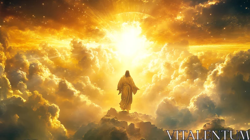Figure in glowing robe stands before radiant golden sky