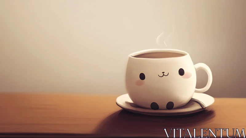 Cute kawaii coffee cup character on warm wooden table.