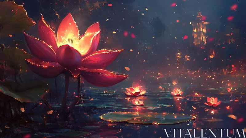 Luminous red lotus flowers on night pond with distant tower.