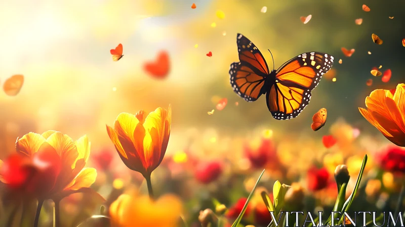 Monarch butterfly over glowing tulips in warm sunset field.