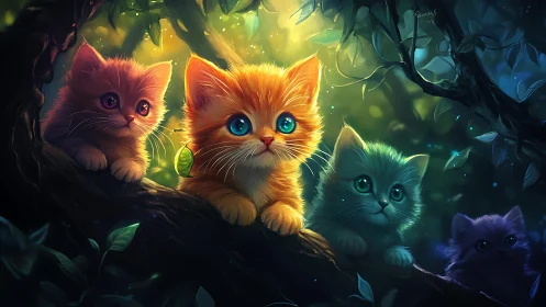 Enchanted Forest Kittens Glowing in Magical Moonlight.