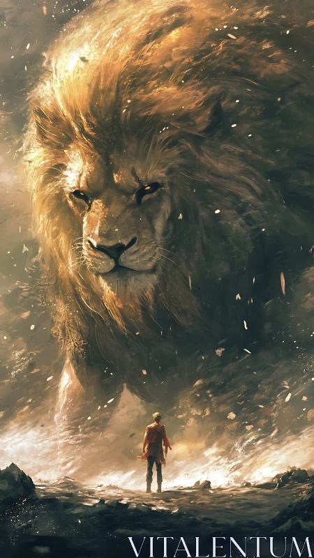 Colossal ethereal lion looms above lone wanderer in light.