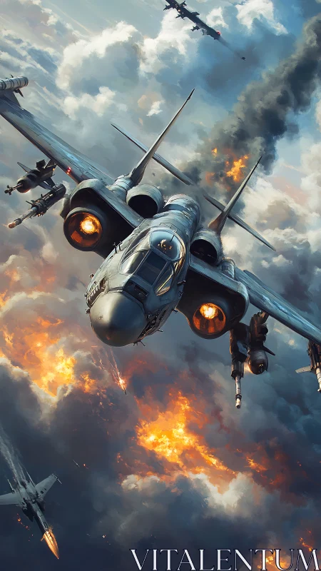 Futuristic combat aircraft diving through burning clouds.