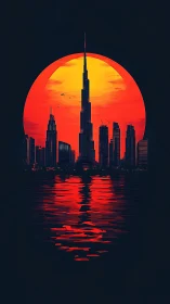Stylized Dubai skyline cuts into oversized neon sunset disk