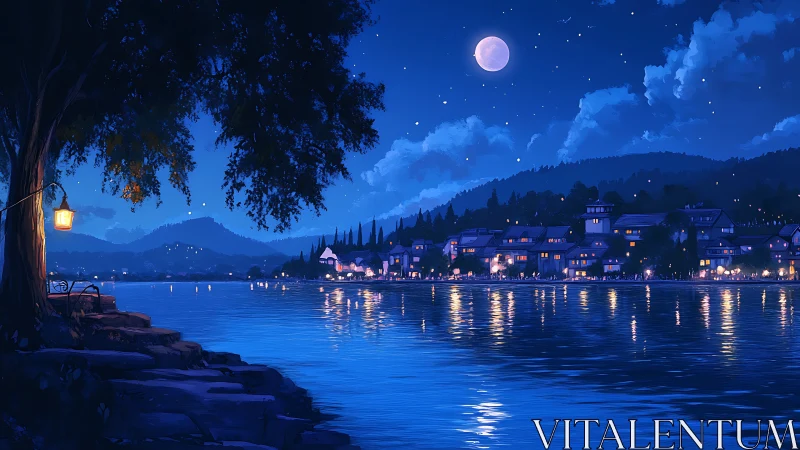Moonlit lakeside town reflects glowing windows on water