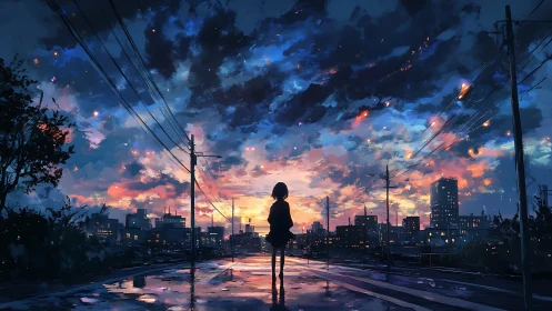 Lonely dusk dreamer watches neon clouds rewrite the skyline