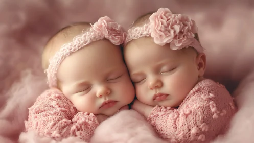 Twin infants sleep peacefully amid soft pink textiles and delicate floral headpieces.