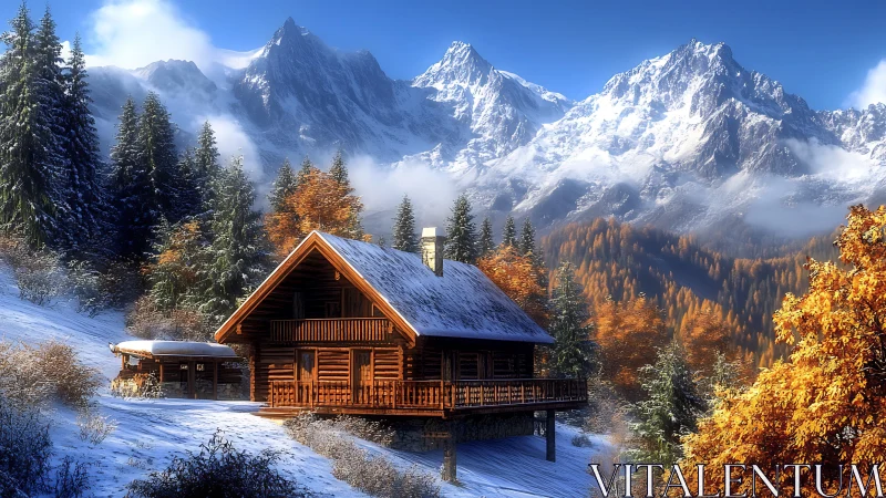 Log chalet amid bimodal seasonal alpine forest and peaks.