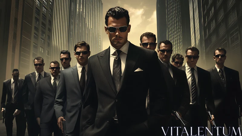 Sharp-suited enforcers advancing through moody city canyon.