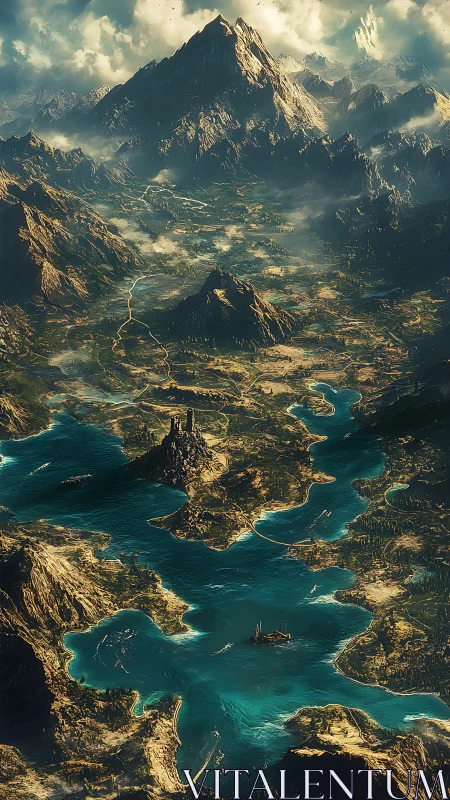 Epic fantasy mountain range above turquoise river valleys.