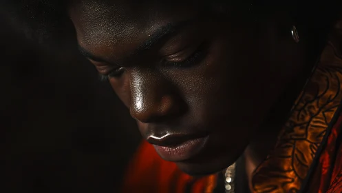 Quiet glow on a thoughtful face in warm evening light.