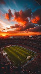 Sunset stadium panorama with vivid orange storm clouds.