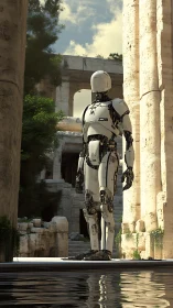 Solitary robot surveys sunlit ancient ruins in quiet reflection