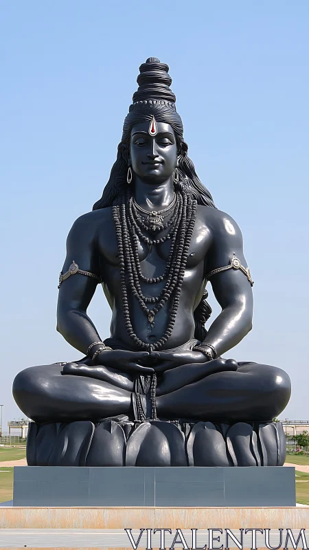 Serene black Shiva statue resting beneath open blue sky.