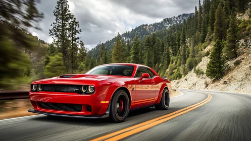 Red muscle car charges through alpine highway curves in motion