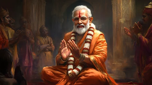 Orange-robed guru leads solemn ritual in ornate temple hall.